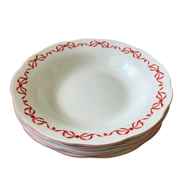 Red Bow Border Ceramic 9in Dinner Bowls Set of 4 Eaton Fine Dining Holiday New - Picture 5 of 16